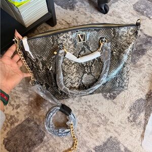 Brand new ⚠️ Victoria's Secret Gray Snake-Print Tote with Gold Hardware